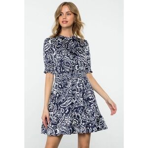 THML Navy Blue Short Sleeve Satin Mini Dress Smocked Waist Casual Chic Ruffle XS